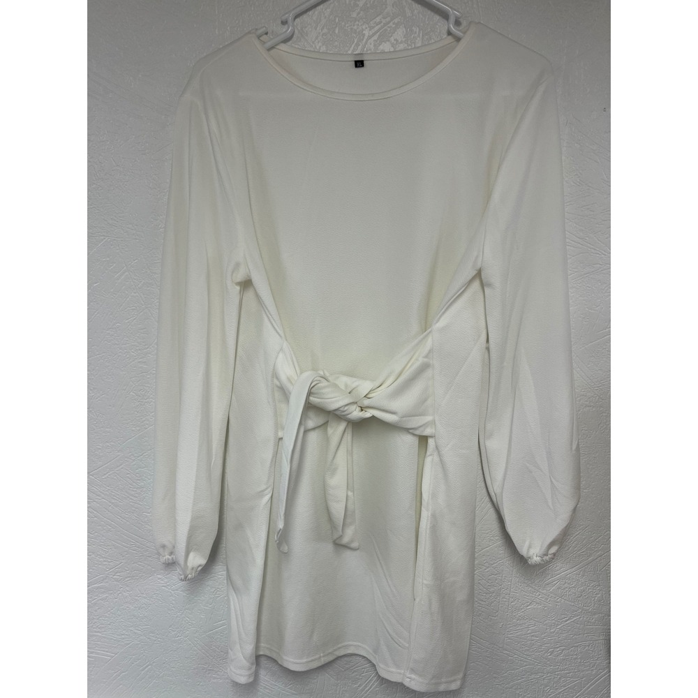 Tie Waist Mini Dress Long Sleeve Casual Tunic Top‎ White XL